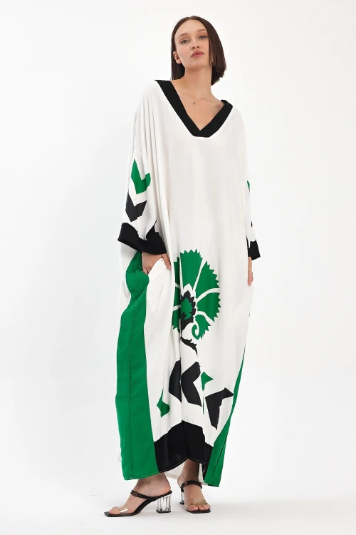 Maxi Boy Beyaz Baskılı Dokuma Viscon Elbise BCVL-251034