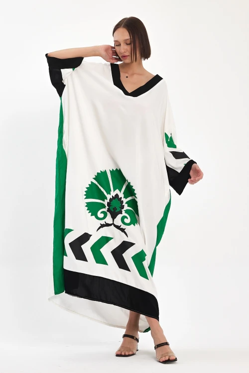 Maxi Boy Beyaz Baskılı Dokuma Viscon Elbise BCVL-251034