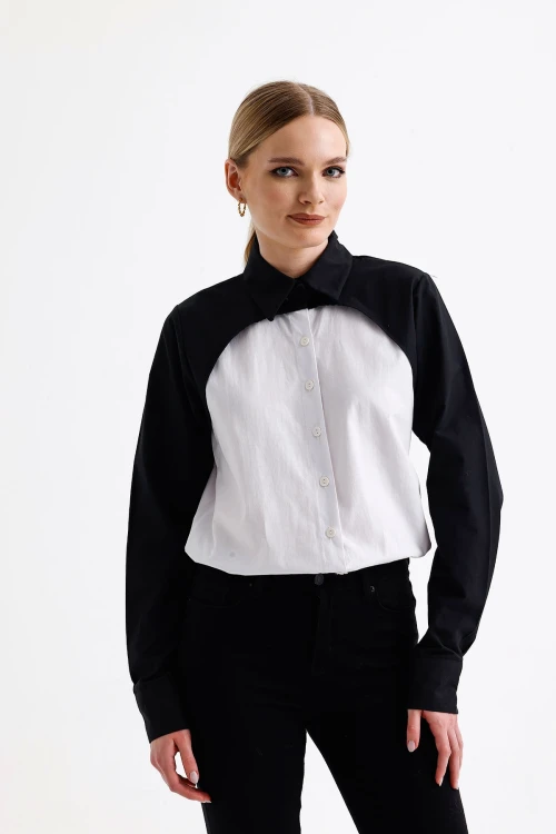 Beyaz Blok Garnili Özel Tasarım Poplin Dokuma Gömlek BC24YG1103