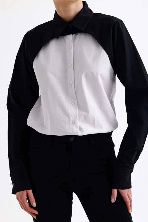 Beyaz Blok Garnili Özel Tasarım Poplin Dokuma Gömlek BC24YG1103