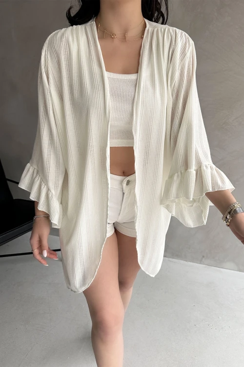 Beyaz Kolları Volanlı File Hırka BCDF-252171