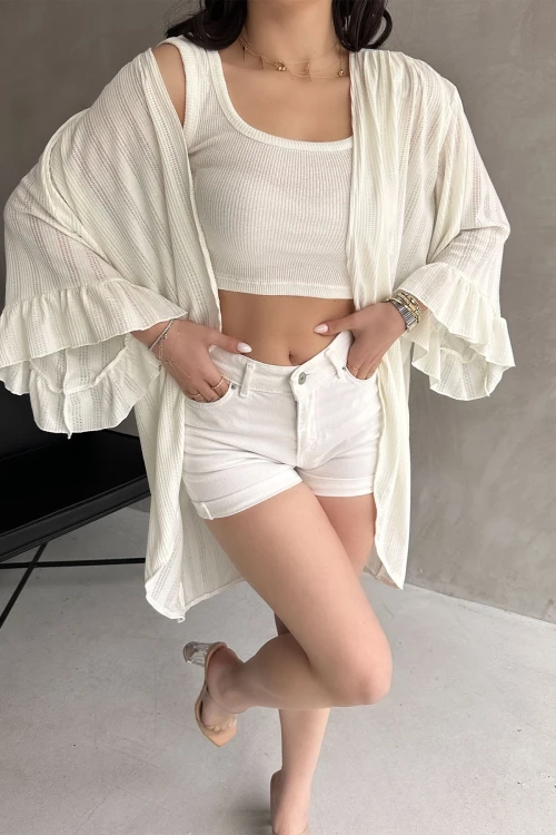 Beyaz Kolları Volanlı File Hırka BCDF-252171