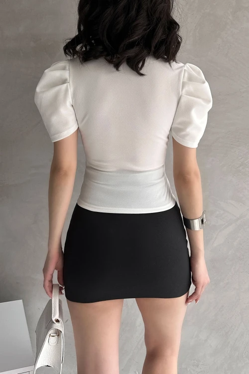 Beyaz Kruvaze Yaka Karpuz Kol Crep Bluz BCDF-252165