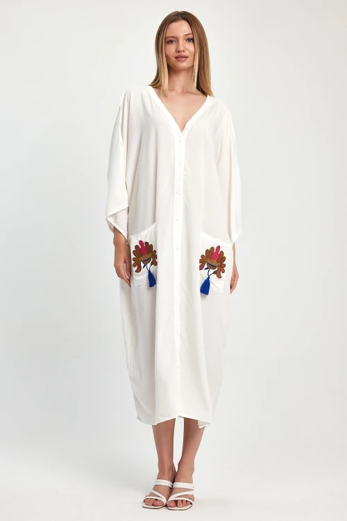 Maxi Boy Beyaz Nakış İşlemeli Dokuma Viscon Elbise BCVL-252829