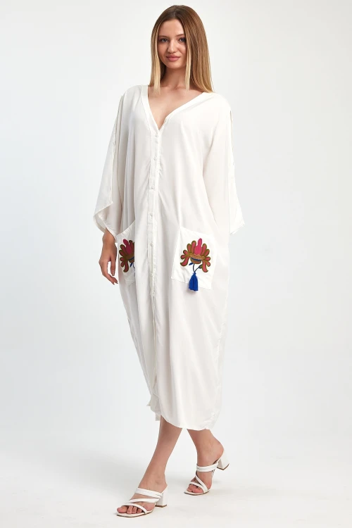 Maxi Boy Beyaz Nakış İşlemeli Dokuma Viscon Elbise BCVL-252829
