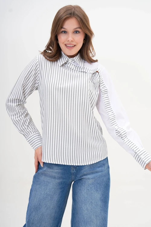 Beyaz Özel Tasarım Çizgili Poplin Dokuma Gömlek BC24YG1069