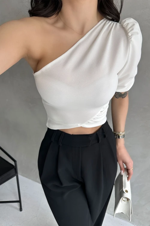 Beyaz Tek Omuz Prenses Kol Crep Bluz BCDF-252159