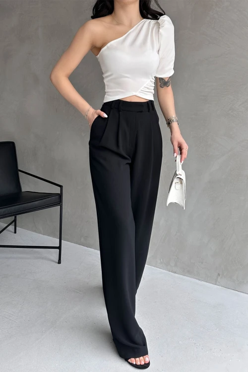 Beyaz Tek Omuz Prenses Kol Crep Bluz BCDF-252159