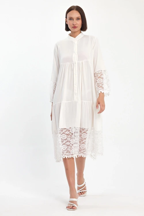 Maxi Boy Beyaz Tül Detaylı Uzun Boy Dokuma Viscon Elbise BCVL-25983