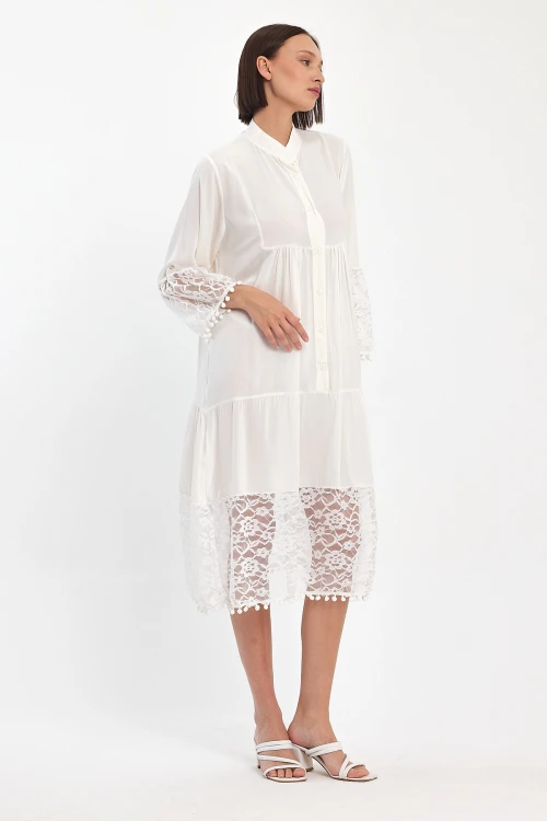 Maxi Boy Beyaz Tül Detaylı Uzun Boy Dokuma Viscon Elbise BCVL-25983