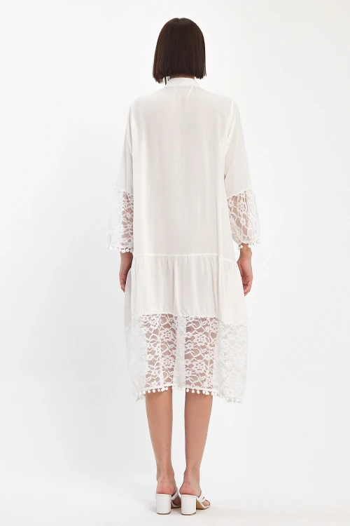 Maxi Boy Beyaz Tül Detaylı Uzun Boy Dokuma Viscon Elbise BCVL-25983