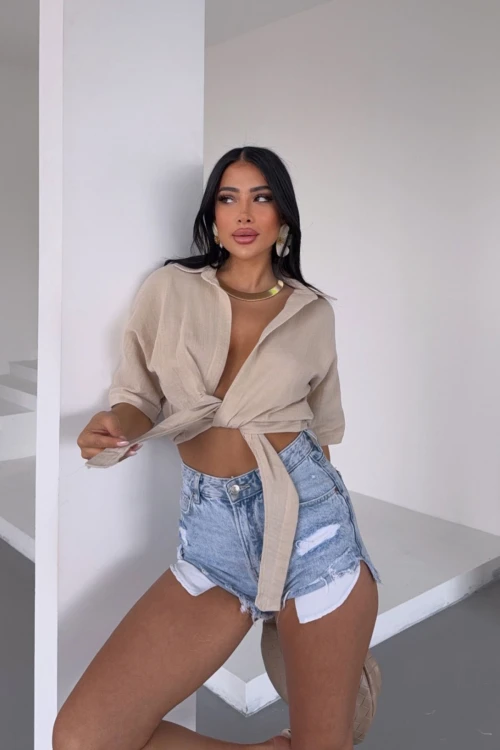 Bisküvi Müslin Keten Bağlamalı Bluz BCBT-251000