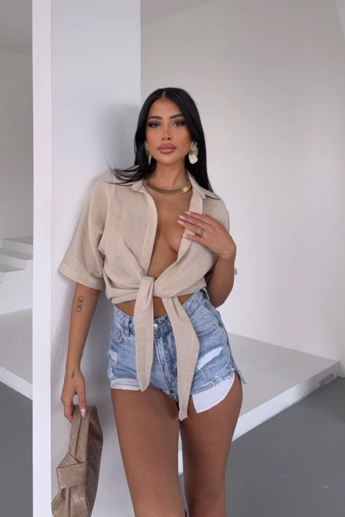 Bisküvi Müslin Keten Bağlamalı Bluz BCBT-251000