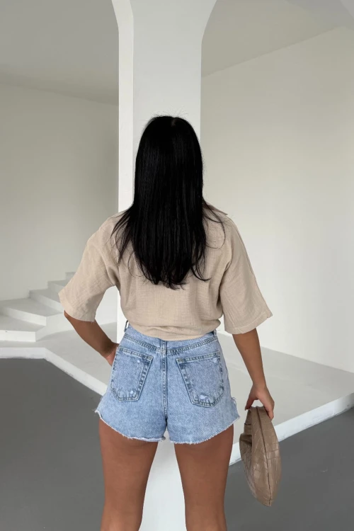 Bisküvi Müslin Keten Bağlamalı Bluz BCBT-251000