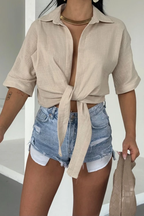 Bisküvi Müslin Keten Bağlamalı Bluz BCBT-251000