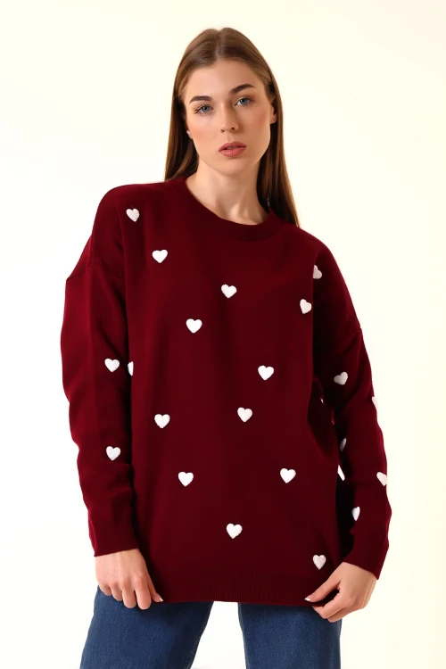 Bordo Bisiklet Yaka Kalp Desenli Kışlık Triko Kazak BCVL-T243150