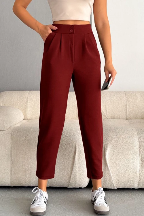 Bordo Çift Cepli Likralı Crep Havuç Pantolon BC241069