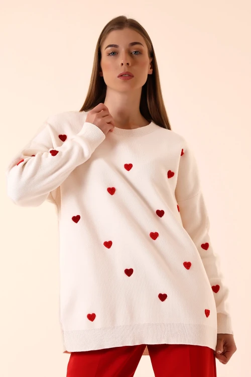 Ekru Bisiklet Yaka Kalp Desenli Kışlık Triko Kazak BCVL-T243150