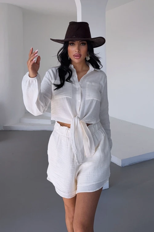 Ekru Müslin Keten Şortlu Alt Üst Takım BCBT-251001