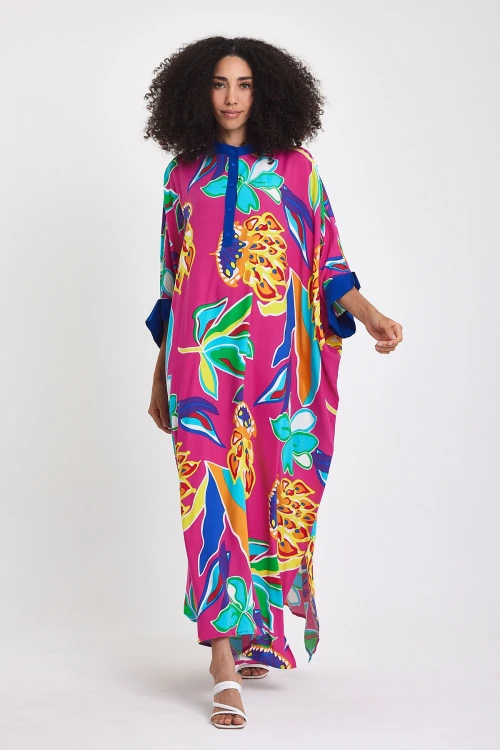 Maxi Boy Fuşya Hakim Yaka Çiçek Desenli Uzun Boy Dokuma Elbise BCVL-24969