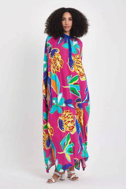 Maxi Boy Fuşya Hakim Yaka Çiçek Desenli Uzun Boy Dokuma Elbise BCVL-24969