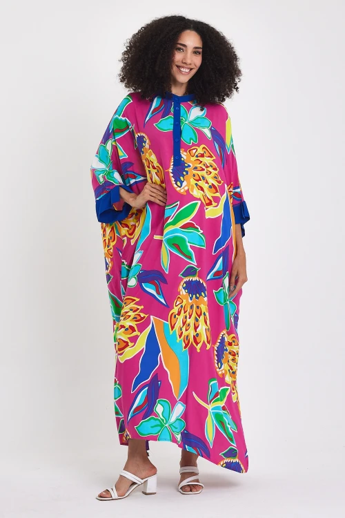 Maxi Boy Fuşya Hakim Yaka Çiçek Desenli Uzun Boy Dokuma Elbise BCVL-24969