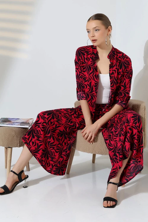 Fuşya Hakim Yaka Gömlek Ve Rahat Kesim Pantolon Dokuma Alt Üst Takım