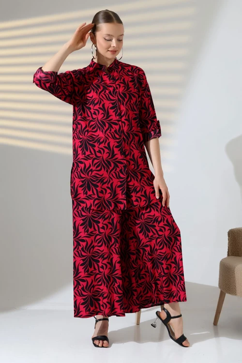 Fuşya Hakim Yaka Gömlek Ve Rahat Kesim Pantolon Dokuma Alt Üst Takım