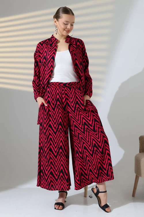 Fuşya Hakim Yaka Zigzag Desenli Gömlek Ve Pantolon Dokuma Alt Üst Takım BCVL-25V053-1