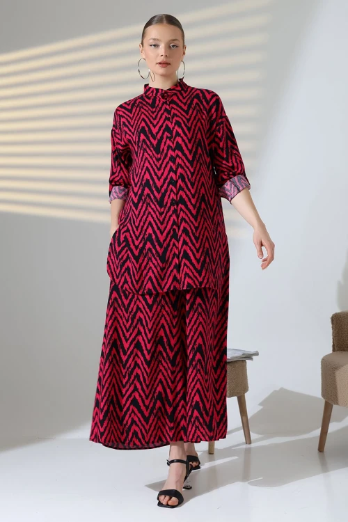 Fuşya Hakim Yaka Zigzag Desenli Gömlek Ve Pantolon Dokuma Alt Üst Takım BCVL-25V053-1