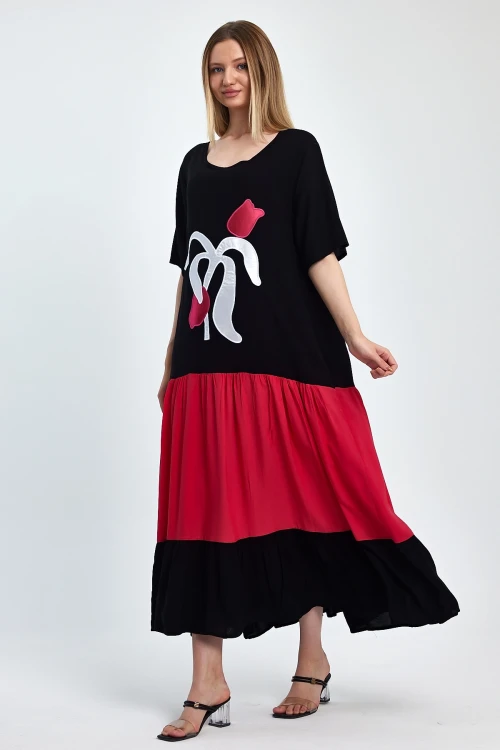 Maxi Boy Fuşya Nakış İşlemeli Dokuma Viscon Elbise BCVL-251041