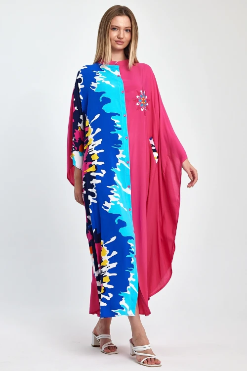 Maxi Boy Fuşya Nakış İşlemeli Dokuma Viscon Elbise BCVL-251076