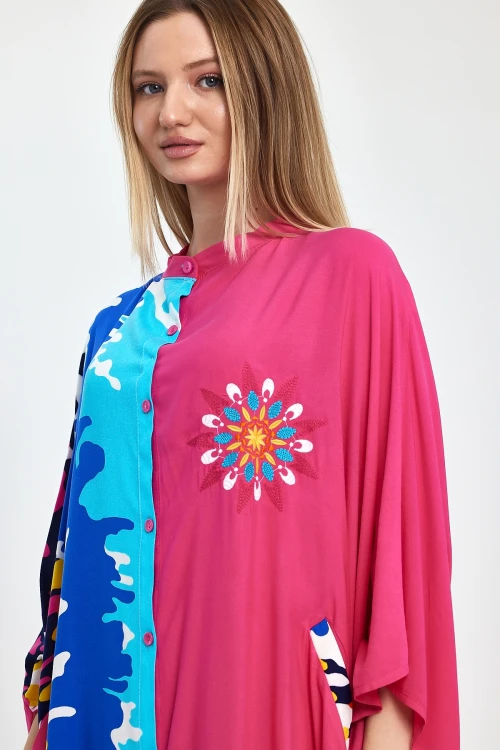 Maxi Boy Fuşya Nakış İşlemeli Dokuma Viscon Elbise BCVL-251076