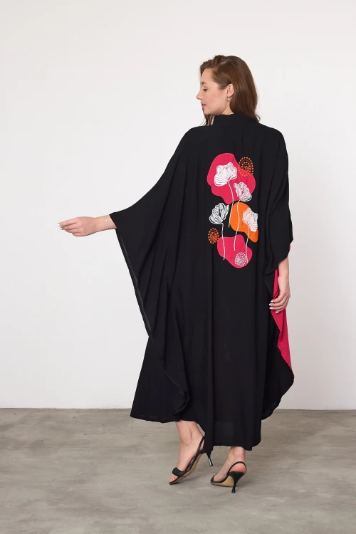 Fuşya Nakış İşlemeli Maxi Boy Dokuma Viscon Elbise