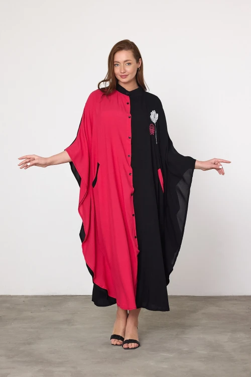 Fuşya Nakış İşlemeli Maxi Boy Dokuma Viscon Elbise