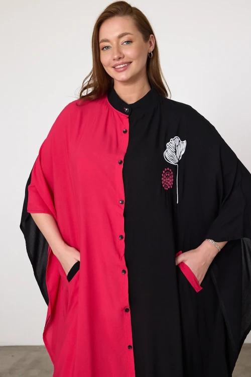 Fuşya Nakış İşlemeli Maxi Boy Dokuma Viscon Elbise