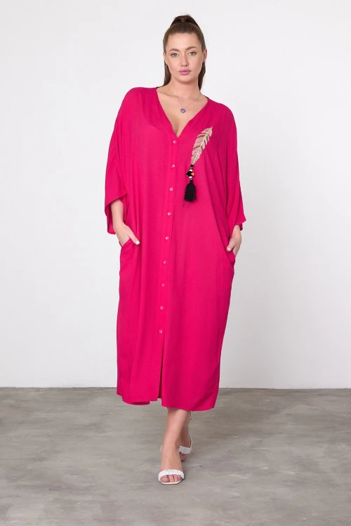 Maxi Boy Fuşya Nakış İşlemeli Dokuma Viscon Elbise BCVL-25V039