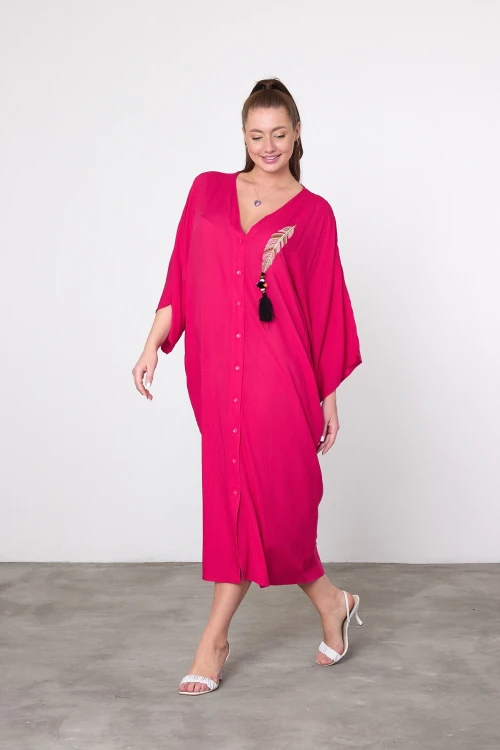 Maxi Boy Fuşya Nakış İşlemeli Dokuma Viscon Elbise BCVL-25V039