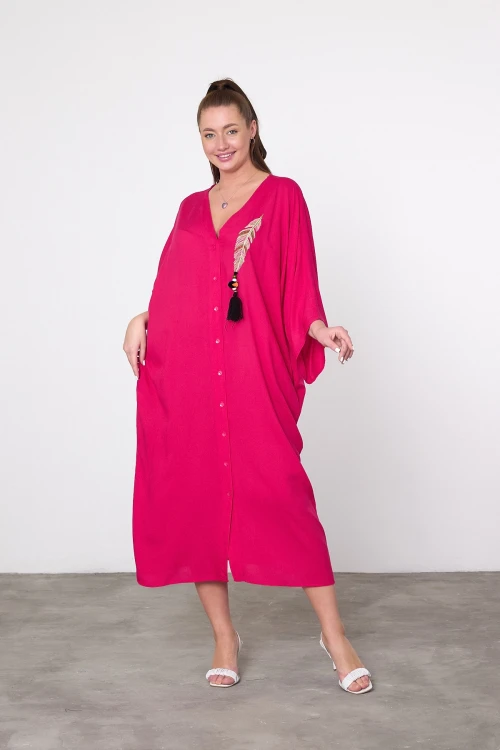 Maxi Boy Fuşya Nakış İşlemeli Dokuma Viscon Elbise BCVL-25V039