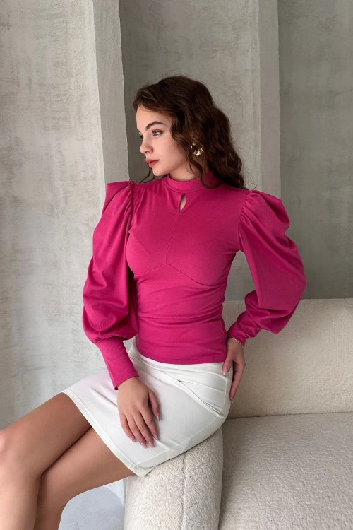 Fuşya Öpücük Yaka Prenses Kol Crep Bluz BCDF-242137