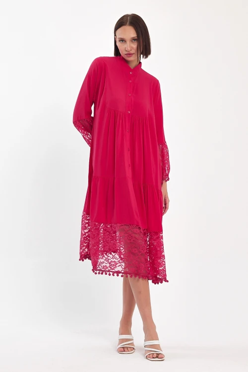 Maxi Boy Fuşya Tül Detaylı Uzun Boy Dokuma Viscon Elbise BCVL-25983