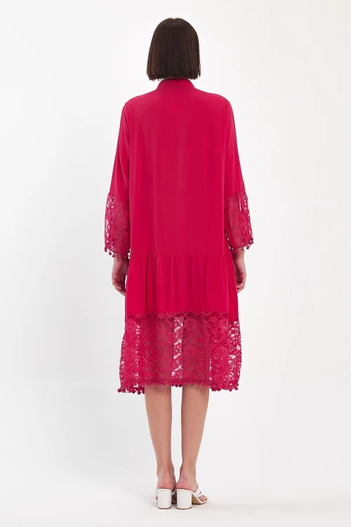 Maxi Boy Fuşya Tül Detaylı Uzun Boy Dokuma Viscon Elbise BCVL-25983