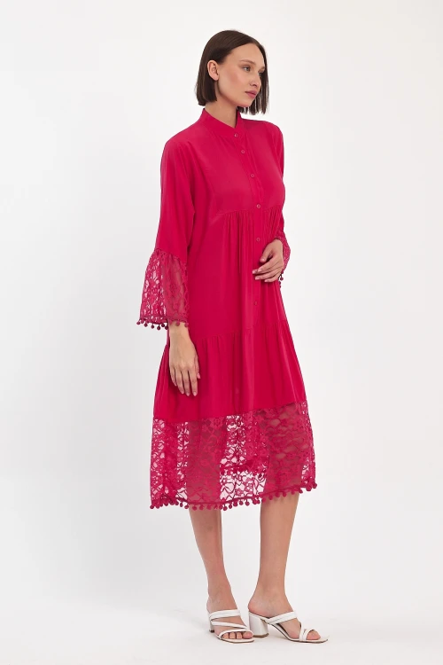 Maxi Boy Fuşya Tül Detaylı Uzun Boy Dokuma Viscon Elbise BCVL-25983