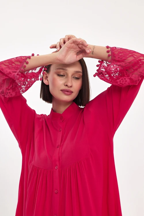 Maxi Boy Fuşya Tül Detaylı Uzun Boy Dokuma Viscon Elbise BCVL-25983