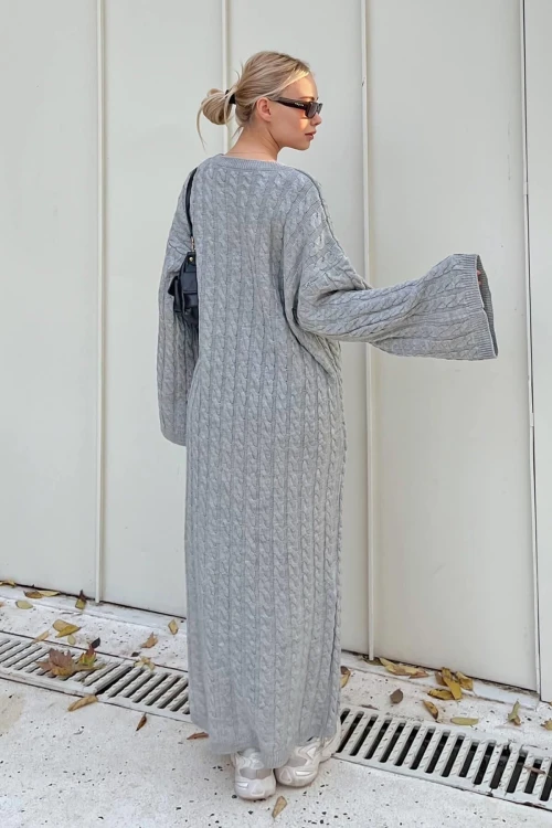 Gri Bisiklet Yaka Saç Örgülü Midi Boy Kışlık Triko Elbise BCVL-T24ELB1