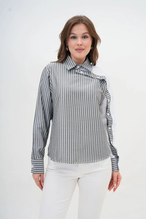 Gri Özel Tasarım Çizgili Poplin Dokuma Gömlek BC24YG1069