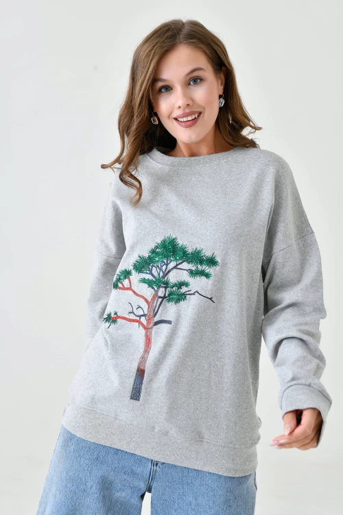 Grimelanj Bisiklet Yaka Baskılı 2 İplik Sweatshirt BC24YG1084-2