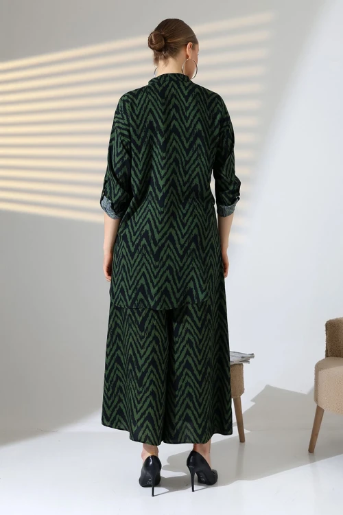 Haki Hakim Yaka Zigzag Desenli Gömlek Ve Pantolon Dokuma Alt Üst Takım BCVL-25V053-1