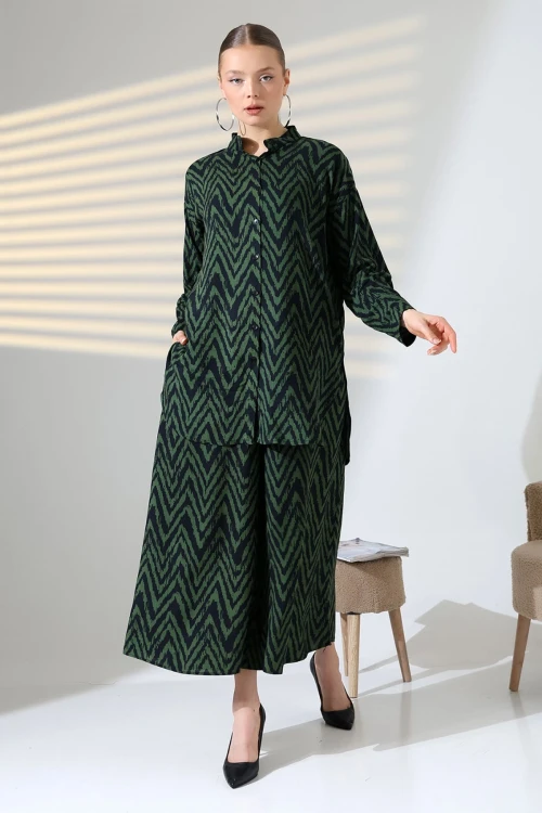 Haki Hakim Yaka Zigzag Desenli Gömlek Ve Pantolon Dokuma Alt Üst Takım BCVL-25V053-1