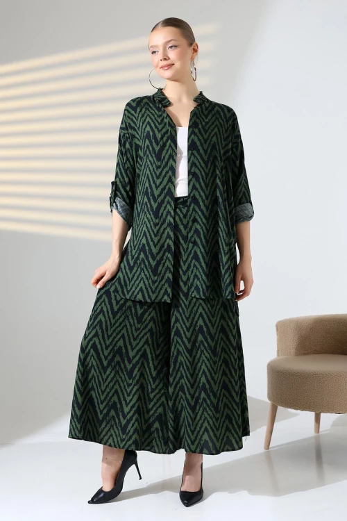 Haki Hakim Yaka Zigzag Desenli Gömlek Ve Pantolon Dokuma Alt Üst Takım BCVL-25V053-1